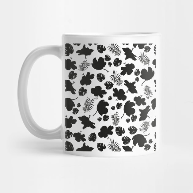 Hand drawn hibiscus, tropical leaves black and white pattern by GULSENGUNEL